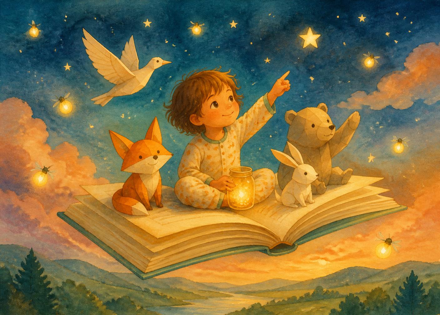 A child in pyjamas riding an open storybook through a starry sky with paper animals